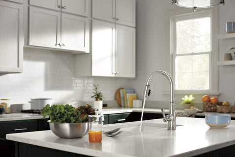 Elmhurst Pull Down Sprayer Kitchen Faucet In Brushed Nickel For Single Hole Install With Two Spray Options on modern countertop