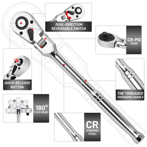 Four Piece Inch Drive Ratchet Set With Flexible Head And Quick Release The Go To Beast Tool For Tight Spaces Includes...