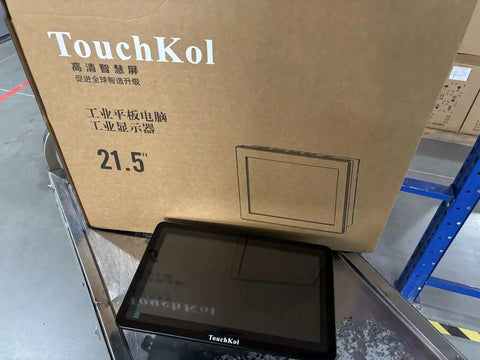 21.5 Inches Industrial Touchscreen Panel PC Running Windows 11 Pro With Intel Celeron J6412 Chipset, displayed with packaging.