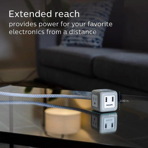 Flat Plug Cube Extension Cord With 10 Ft Reach, 3 Grounded Outlets And 2 USB Ports, 3 Prong Cube Power Strip on glass table
