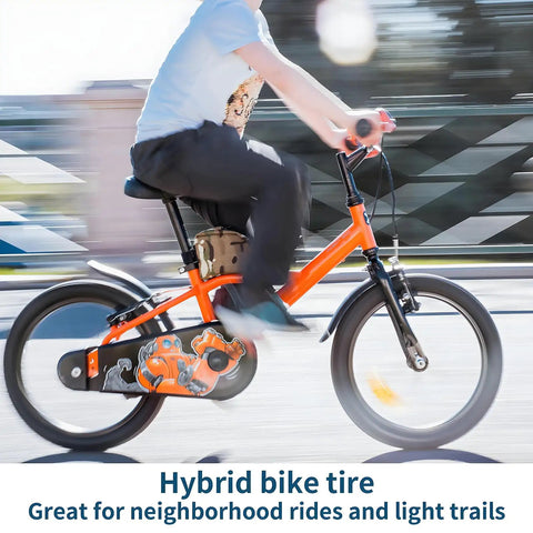 Person riding hybrid bike with 2 Pack 20x1.75 Bike Tires With Tubes And Levers For 20x1.5 1.75 1.95 Rims on city street