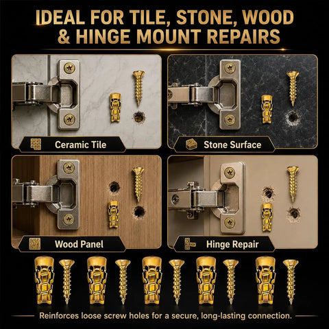 30 Pcs Heavy Duty Expansion Screw Kit, ideal for hinge repairs on wood, tile, and stone with gold anchors and screws.