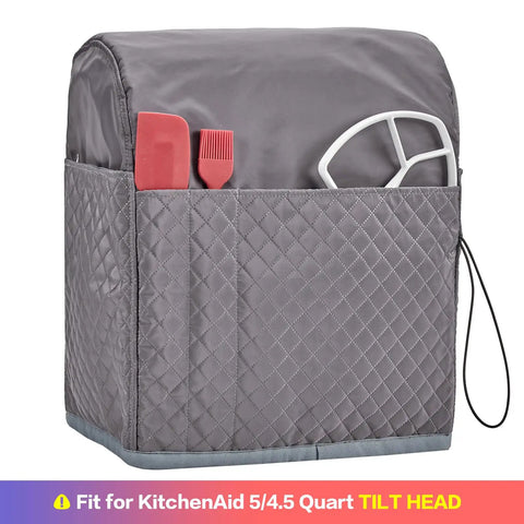 Quilted Dust Cover With Handy Pockets For Stand Mixer 4.5 To 5 Qt Tilt Head Grey holding kitchen tools