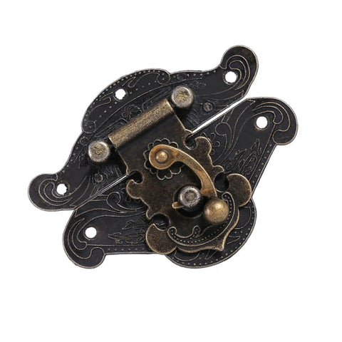 Vintage Wooden Box Latches With No Fuss Installation Kit And Screws For Jewelry Boxes And Tool Organizers 47x37mm, ornate metal latch close-up
