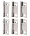 Image of six 1-inch stainless steel hinges with four holes. Ten Pack 1 Inch Stainless Steel Butt Hinges 304 Grade Four Hole Foldable.