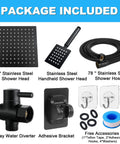 Package includes: 6" square rain shower head, handheld spray, 78" hose, 3-way diverter, adhesive bracket, accessories.