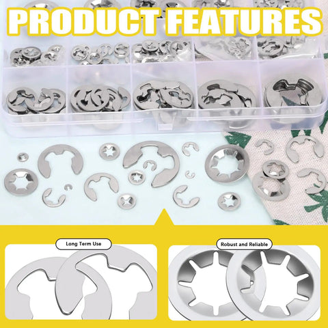 Stainless Steel Internal Tooth Star Lock Washers And E Clip Assortment Set For Metric Sizes M2 To M12 With External Retaining Rings 1.5mm To 15mm 136 E Clips In 12 Sizes And 100 Internal Tooth Star Lock Washers In 9 Sizes Pro Grade Fastener Kit