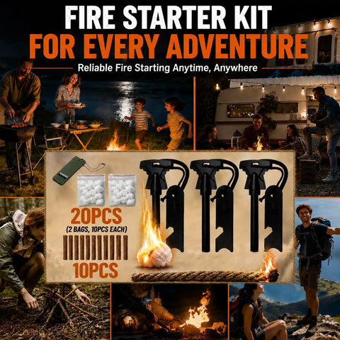 34 Piece Fire Starter Survival Kit With Three Ferro Rods And Striker Tinder Includes 20 Waterproof Tinder Balls And 10 Water Resistant Fire