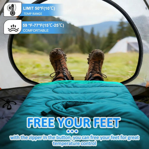 A person in boots resting inside a tent with a Three Season Camping Sleeping Bag For Adults And Kids Lightweight Weatherproof And Waterproof.