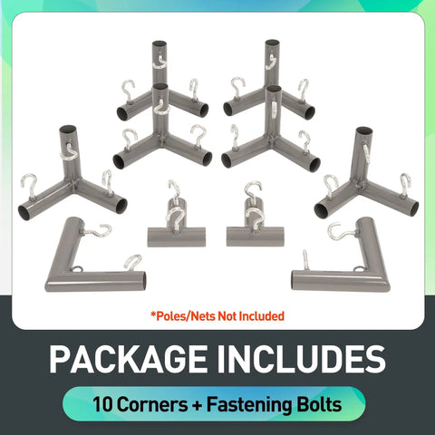 1-3/8 Inch Corner Kit For Golf Practice Cage Frames, 10 Piece Powder Coated Triple Corner Bracket Set With Threaded Eye Bolts, Right Angle And Dual Connection Brackets, Canopy Fittings For Backyard Indoor Outdoor Nets, Gray