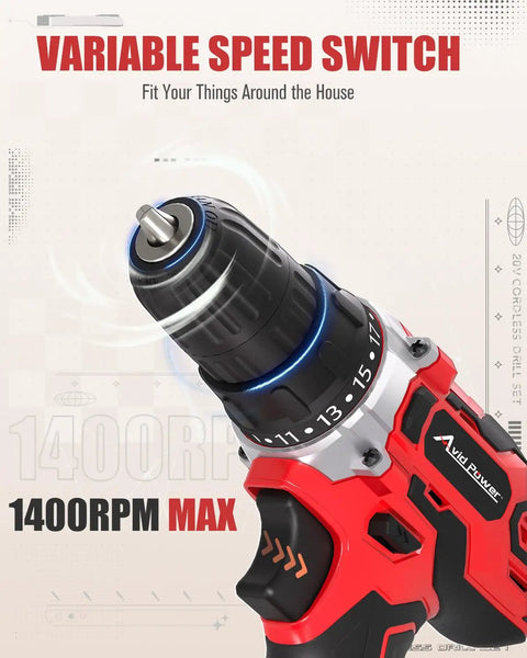 Close-up of 20V Max Cordless Drill Kit with Battery and Charger, Variable Speed 19-Position Clutch, 3/8-Inch Keyless Chuck.