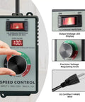 Heavy Duty AC Motor Speed Controller 120V 15A Variable Fan Speed Regulator with LED display and regulating knob.