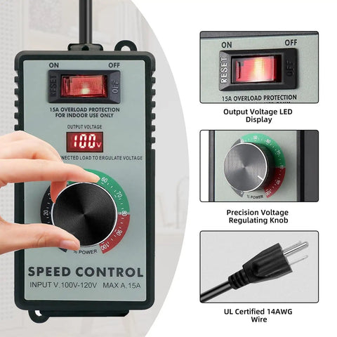 Heavy Duty AC Motor Speed Controller 120V 15A Variable Fan Speed Regulator with LED display and regulating knob.