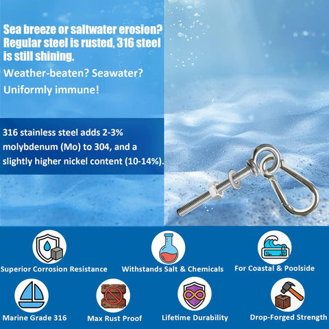 4 Pack M6x60mm 316 Stainless Steel Shoulder Eyebolts With Nuts Washers And Spring Snap Hooks on marine background