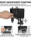 Height adjustment function of compact bench drill press, showing manual lift system for precise drilling tasks.