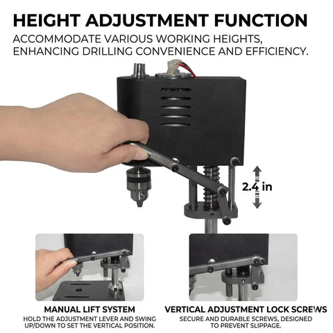 Height adjustment function of compact bench drill press, showing manual lift system for precise drilling tasks.