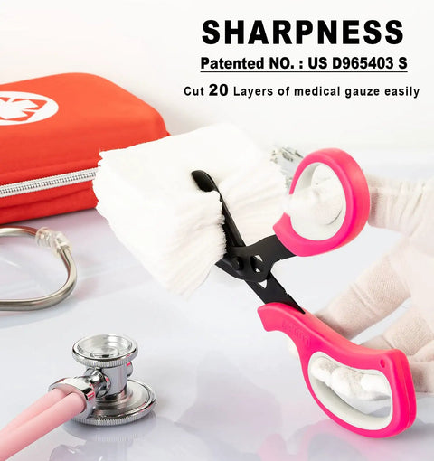 Ambidextrous Trauma Shears 2 Pack Pro Grade Medical Scissors For Nurses And EMTs 7.8 Inch Ultra Sharp 440 Stainless Steel Built Tough To Pass 150000 Cut Tests For Frontline Materials, black and pink shears cutting gauze