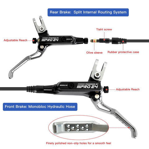 ZTZ IIIPRO E4 MTB hydraulic disc brake set for mountain bike, black, front and rear levers, pre-bled