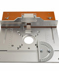 Heavy Duty Aluminum Router Table Insert Plate With Precision Center Bore And Pro Miter Tracks showing measurement features and mounting holes.