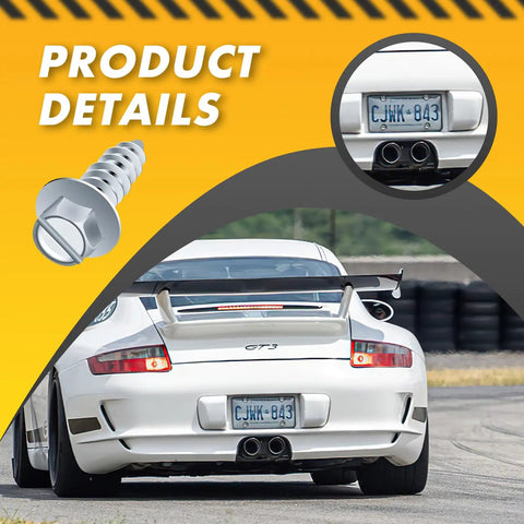 Upgraded 100 Pcs License Plate Screws Set With Rustproof Finish Slotted Hex Head Bolts shown with car license plate close-up