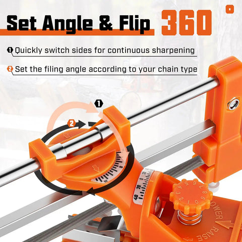 Two In One Chainsaw Sharpener Kit With Round And Flat Files visible on angle setting guide, close-up of orange tool parts