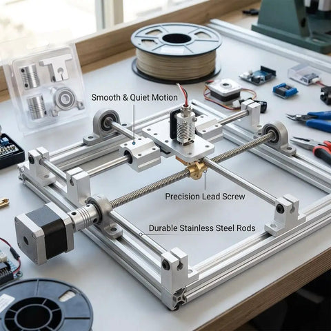 8x8 Lead Screw Shaft Kit With 304 Stainless Steel Guide Rods And SC8UU Bearing Blocks for 3D Printers and CNC Machines setup on desk