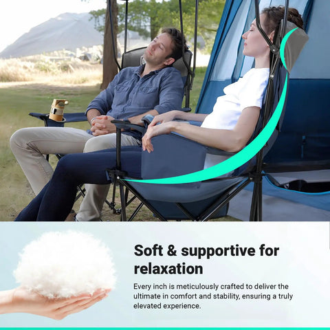 Two people relaxing in an Oversized Camping Chair With Canopy Shade And Cooler Bag, High Back Support, Big Cup Holder outdoors.