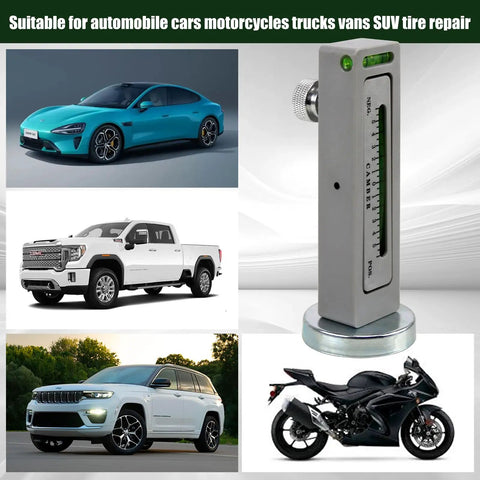 Universal Magnetic Camber Gauge For Dead Center Alignment And Sick Ride Stance Featuring Ballistic Magnet Grip on cast hubs and cars.