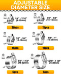 70 Piece Hose Clamp Kit With 304 Stainless Steel Adjustable Worm Gear Clamps From Quarter Inch To One And A Half Inch Range A Real Workhorse Heavy Duty Set For Automotive Plumbing And Fuel Lines shown with clamp sizes and quantities