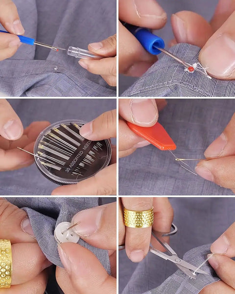 Close-up of tools from the 251 Pcs Premium Sewing Supplies Set For Adults Upgraded With Longer Threads And More Spools Kit in use.