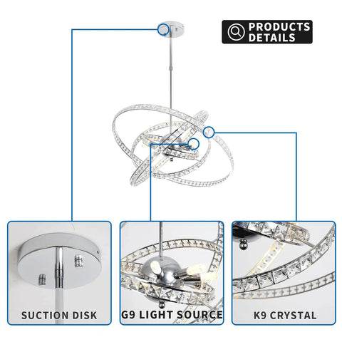 Diagram showing details of Dope Modern Crystal LED Chandelier With Four Adjustable Ring Designs, Round Ceiling Pendant Light Fixture