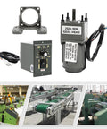 High Torque AC Gear Motor 6W 110V with Variable Speed Controller and Bracket, reversible gearmotor, shown with components.