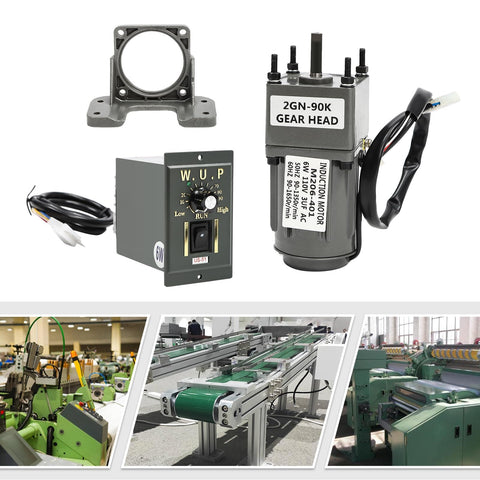 High Torque AC Gear Motor 6W 110V with Variable Speed Controller and Bracket, reversible gearmotor, shown with components.