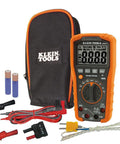 Digital Auto Ranging Multimeter For AC DC Voltage And Current With Temperature Frequency Capacitance Duty Cycle Diode And Continuity Tests 1000V CAT IV 600V CAT III 1000V Safety Built Tough And Drop Ready Orange shown with carrying case and cables