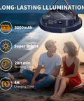Ultra Bright Portable Camping Lantern With 5000 Lumen Led Light, 30W Power, illuminating a couple sitting in a tent at night.