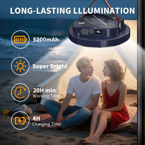 Ultra Bright Portable Camping Lantern With 5000 Lumen Led Light, 30W Power, illuminating a couple sitting in a tent at night.