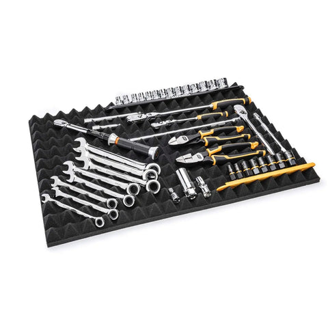 Trap Mat Universal Tool Drawer Liners Four Piece Low Profile Mats That Fit Two Inch And Up Segmented Sixteen By Twenty Two Inch Solvent Resistant Foam organizing wrenches and screwdrivers