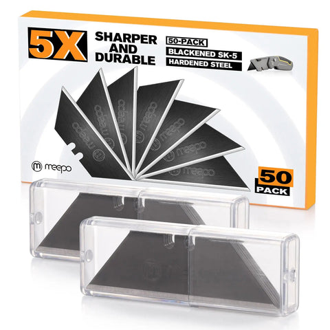 50 Pack Utility Knife Blades With Blackened SK-5 Steel For Box Cutters, Rust Resistant And Extra Durable, Includes Storage Case