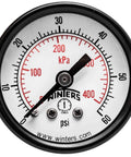 Budget Friendly One And A Half Inch Dial Dry Pressure Gauge With Brass Internals, Black Steel Case, Dual Scale 0 To 60 Psi And 0 To 400 KPa