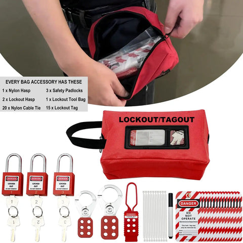 Four In One Lockout Tagout Kit For Electrical And Mechanical Safety Boss Level OSHA Compliant Group Lockout Hasps Padlocks Tags Cable Ties Nylon Pouch And Four Complete Kits In One, shown with red pouch, padlocks, and tags.