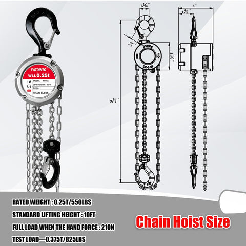 0.5 Ton Aluminum Hand Chain Hoist With 1100 Lbs Capacity, 10 Ft Lift Height, product diagram and specifications displayed