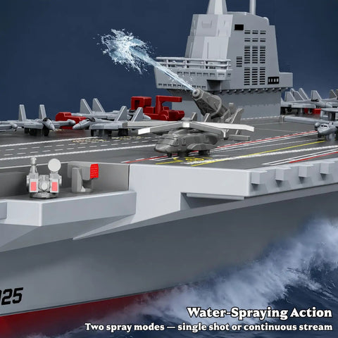 16 Inch RC Warship Boat With Real Water Spray, 15 MPH Dual Motor Aircraft Carrier Battleship, close-up of water spray action