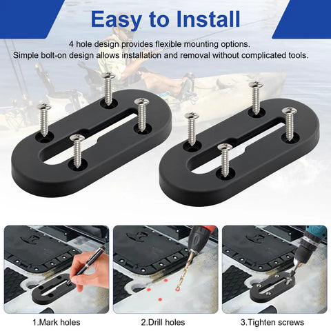 Universal Kayak Gear Track Mount Kit With Low Profile Rails For Fishing Rod Holder Cup Holder Paddle Holders And Anchor Cleats 4 Piece Set Compatible With Most Rail Systems For Offshore And Lake Adventures. 4-piece ABS low-profile mount with screws