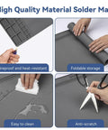 Close-up of Beefy Extra Large Soldering Mat For Electronics Repair showing fireproof, foldable, waterproof, and anti-scratch features.