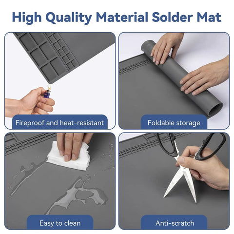 Close-up of Beefy Extra Large Soldering Mat For Electronics Repair showing fireproof, foldable, waterproof, and anti-scratch features.
