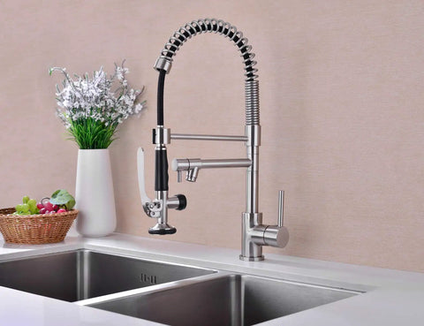 Brushed Nickel Pull Down Kitchen Faucet With Sprayer, Single Handle, Solid Brass Construction, 18.5 Inch High Arc, Easy One Hand Operation