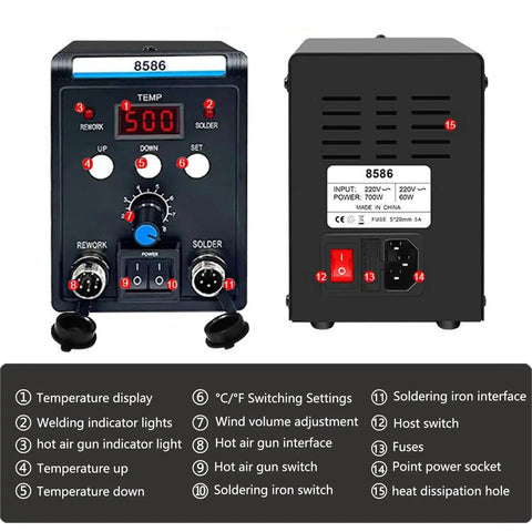 2 In 1 Digital Soldering Station With Hot Air Rework Tool And Pro Grade Soldering Iron front and back view, LCD display