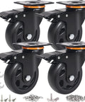 Heavy Duty 4 Inch Swivel Caster Wheels Set Of 4 With Dual Locking Brakes And Whisper Quiet Polyurethane Tires For Smooth Rolling Or Snappy Garage Hauls Up To 2200 Lbs showing four durable wheels with securing hardware.