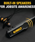 Rugged 2In1 Neckband Bluetooth Headphones With Built In Speakers For Worksites And Outdoors, shown with earbuds and branding.