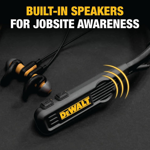 Rugged 2In1 Neckband Bluetooth Headphones With Built In Speakers For Worksites And Outdoors, shown with earbuds and branding.